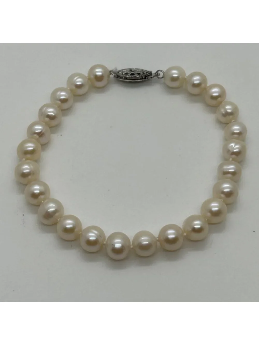 Faux Pearl Strand Bracelet Silver Tone Cream Color Filigree Clasp Elegant Weddin